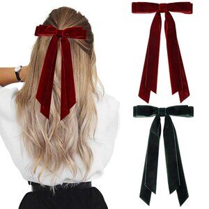 2PCS Velvet Hair Bows Ribbon Hair Clip Wine Red Green Accessories Ponytail Holde